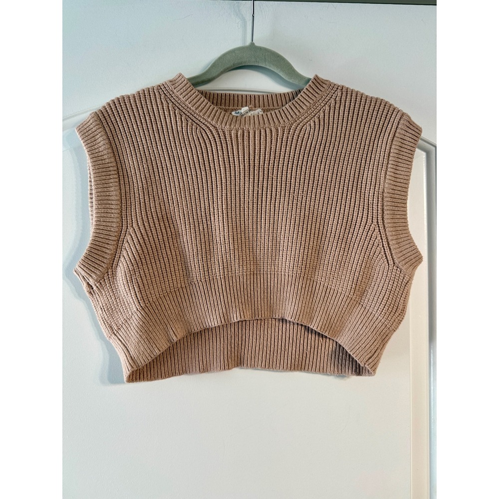 Mimosa Sweater Vest Small Tan Cropped Ribbed Knit High-Low Hem Preppy Chunky